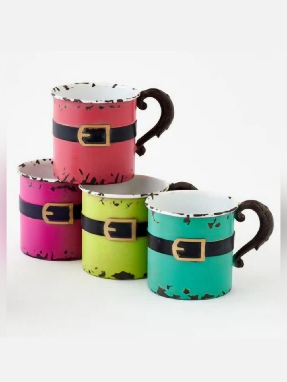 NWT One Hundred 80 Degrees Distressed Metal Christmas Santa Mug Set Multi Color